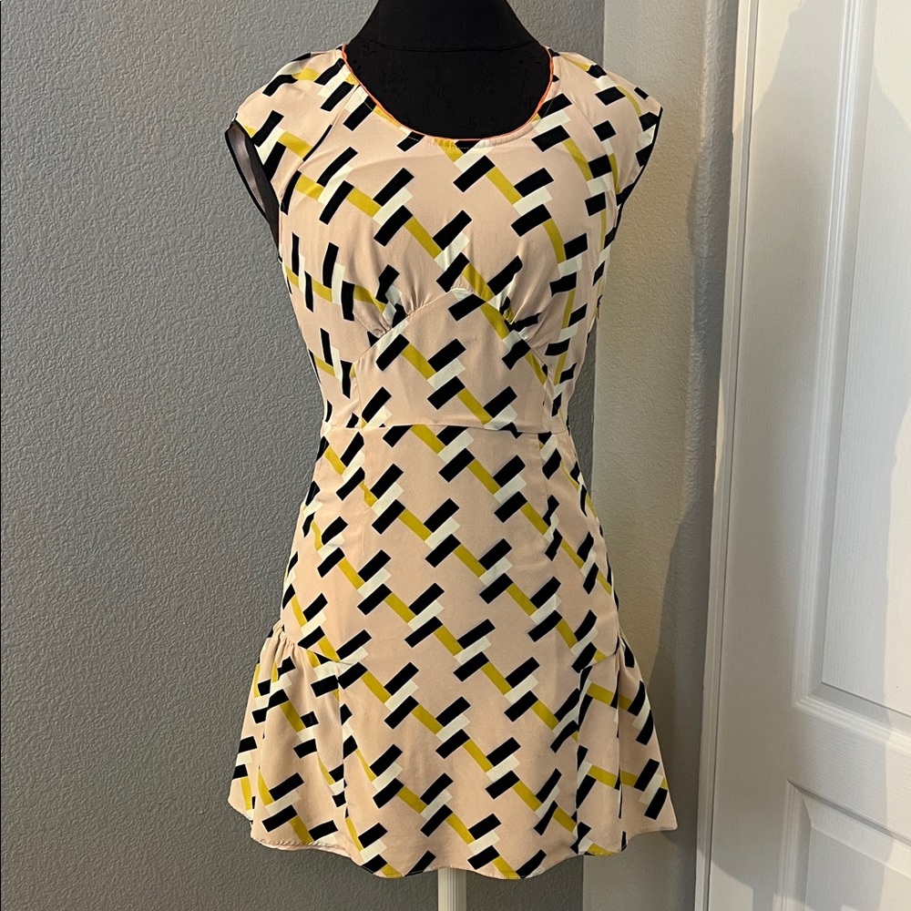 Harlyn Geometric Print 100% Silk Fit & Flare Dress Sleeveless Modern Retro